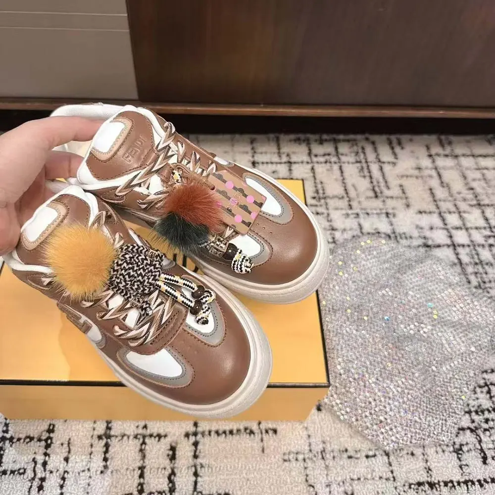 Fendi Women Match Brown Leather Platform Low-Tops With Charm - image 7