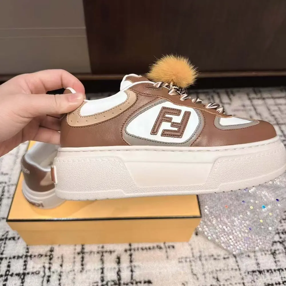 Fendi Women Match Brown Leather Platform Low-Tops With Charm - image 9