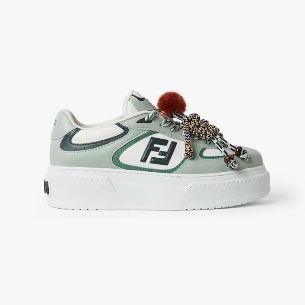 Side view of Fendi Women Match Low Top Platform Shoes In Green Leather With Charm