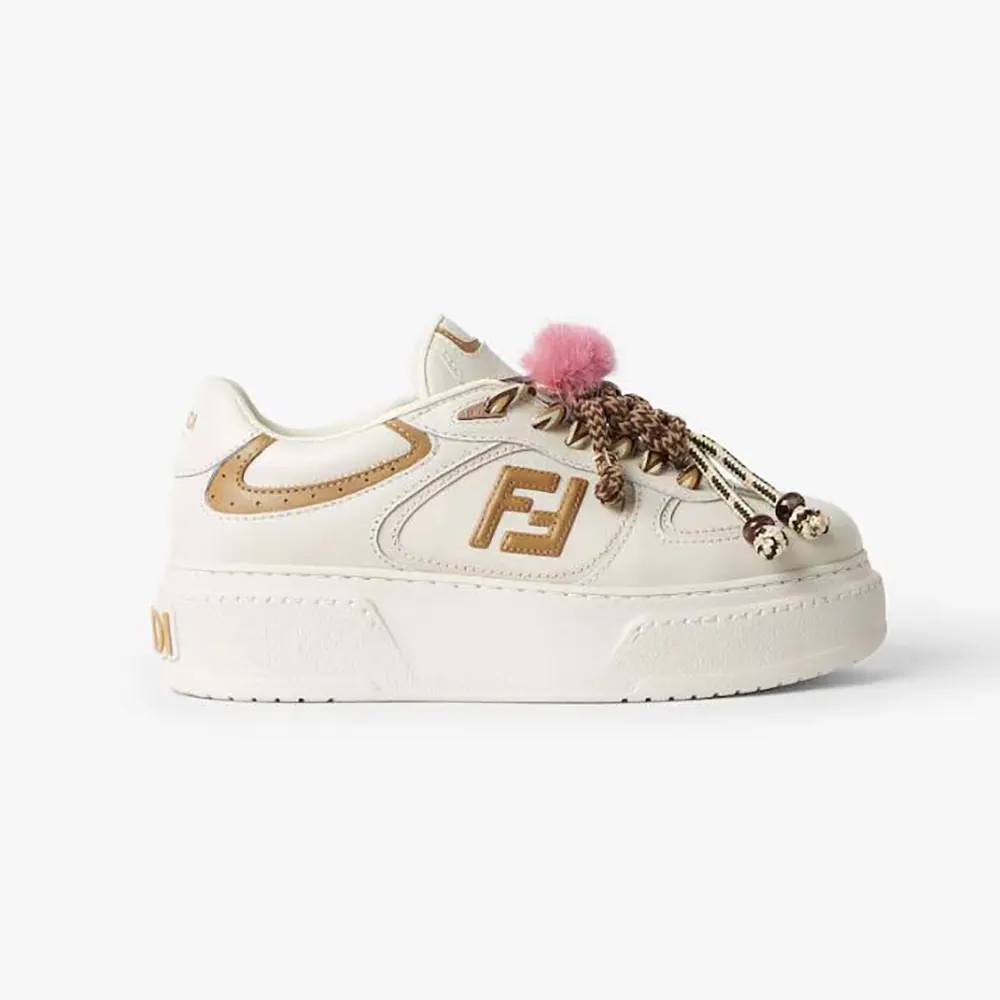 Side profile of Fendi Women Match Low Top Platform Shoes In White Leather With Charm