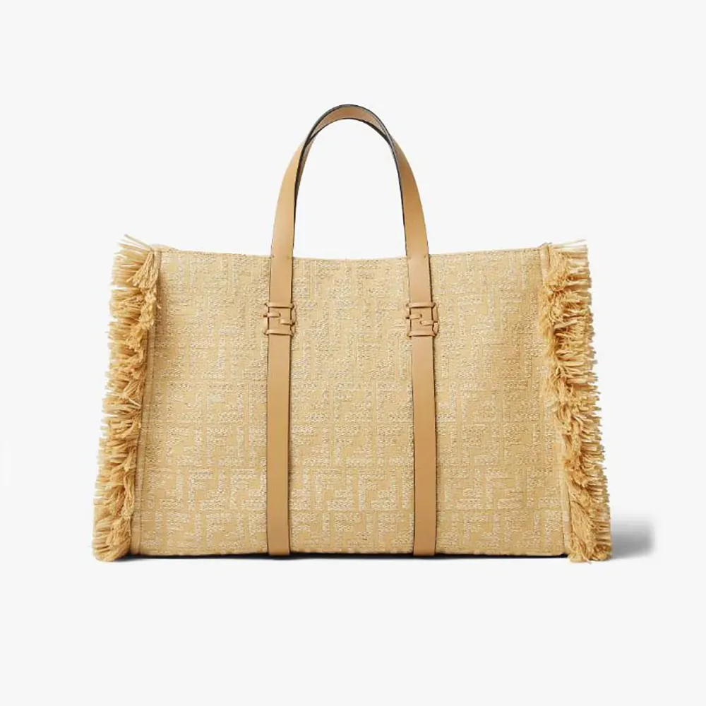 Front view of Fendi Women Summer Tote Jacquard Fabric Bag with Raffia FF