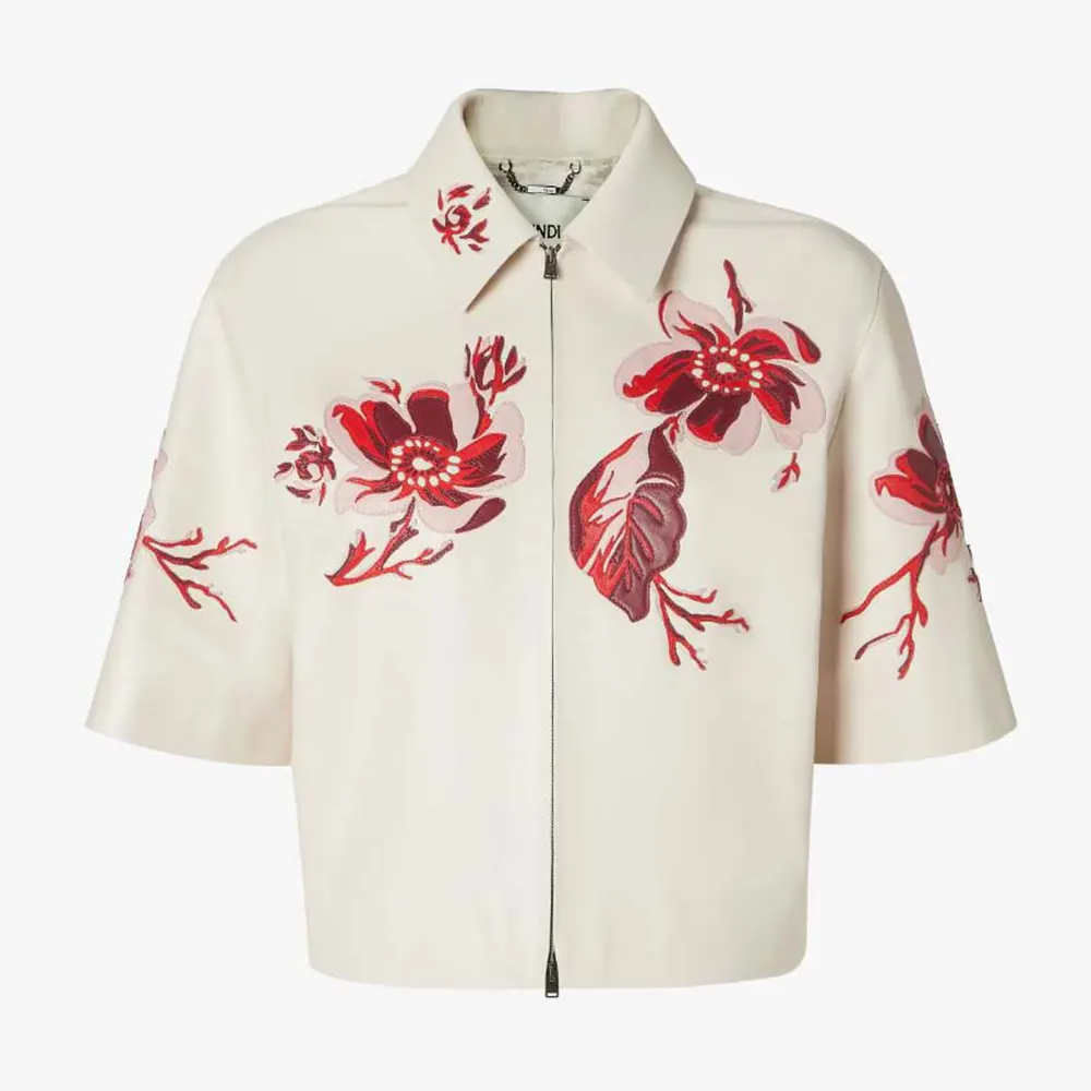 Front view of Fendi Women White Inlaid Leather Jacket with zip closure