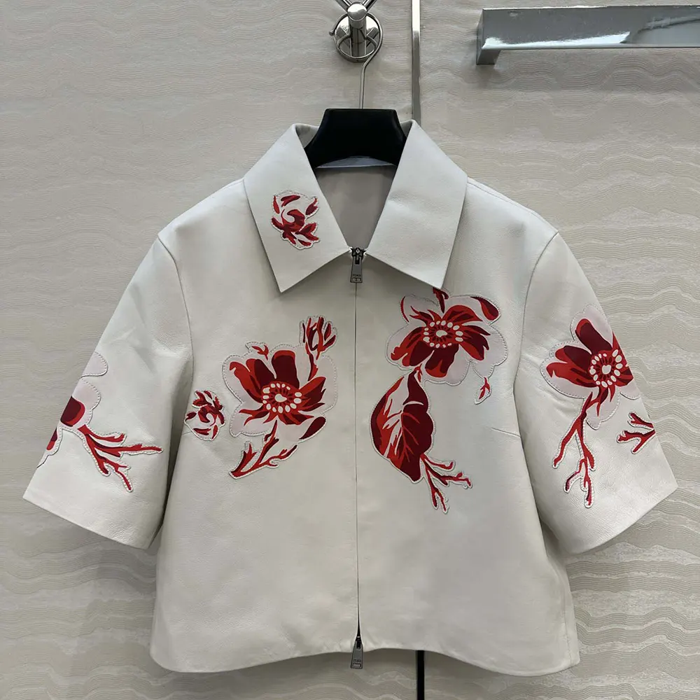 Close-up of inlaid leather details on Fendi Women White Inlaid Leather Jacket