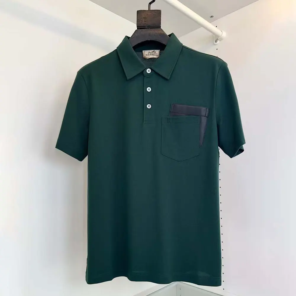 Front view of Hermes Men Polo Shirt with Pocket-Dark Green