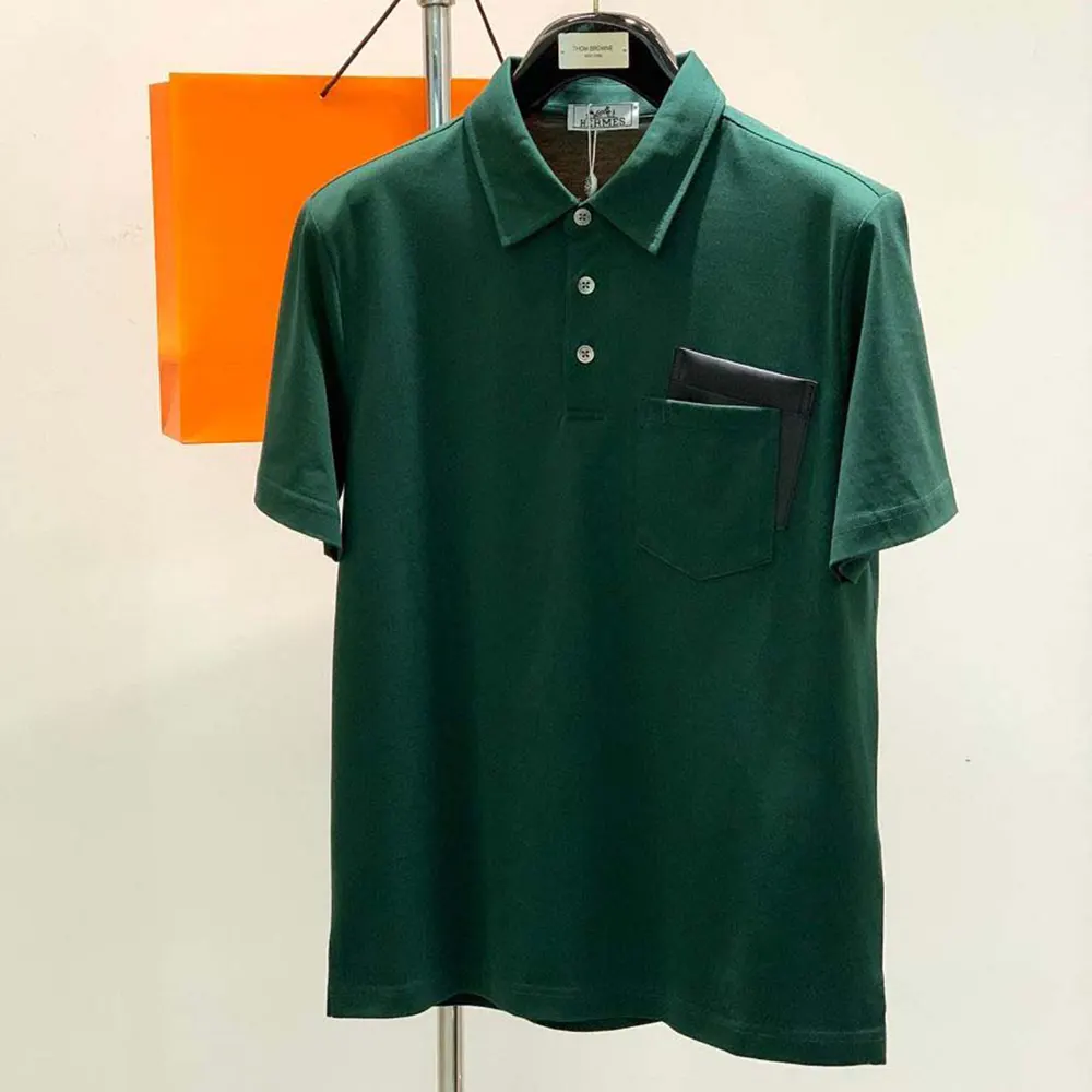 Close-up of chest pocket detail on Hermes Men Polo Shirt with Pocket-Dark Green
