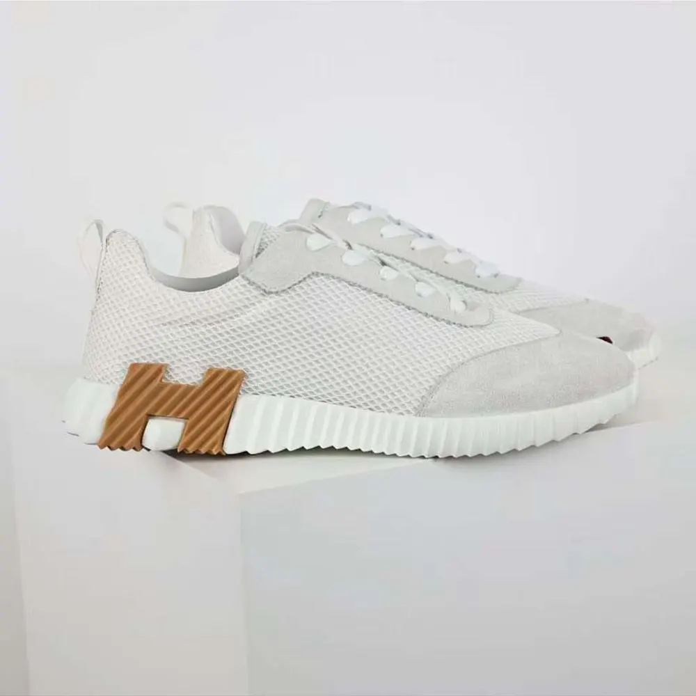 Hermes Unisex Bouncing Sneaker in Graphic Mesh and Suede Goatskin-White - image 4