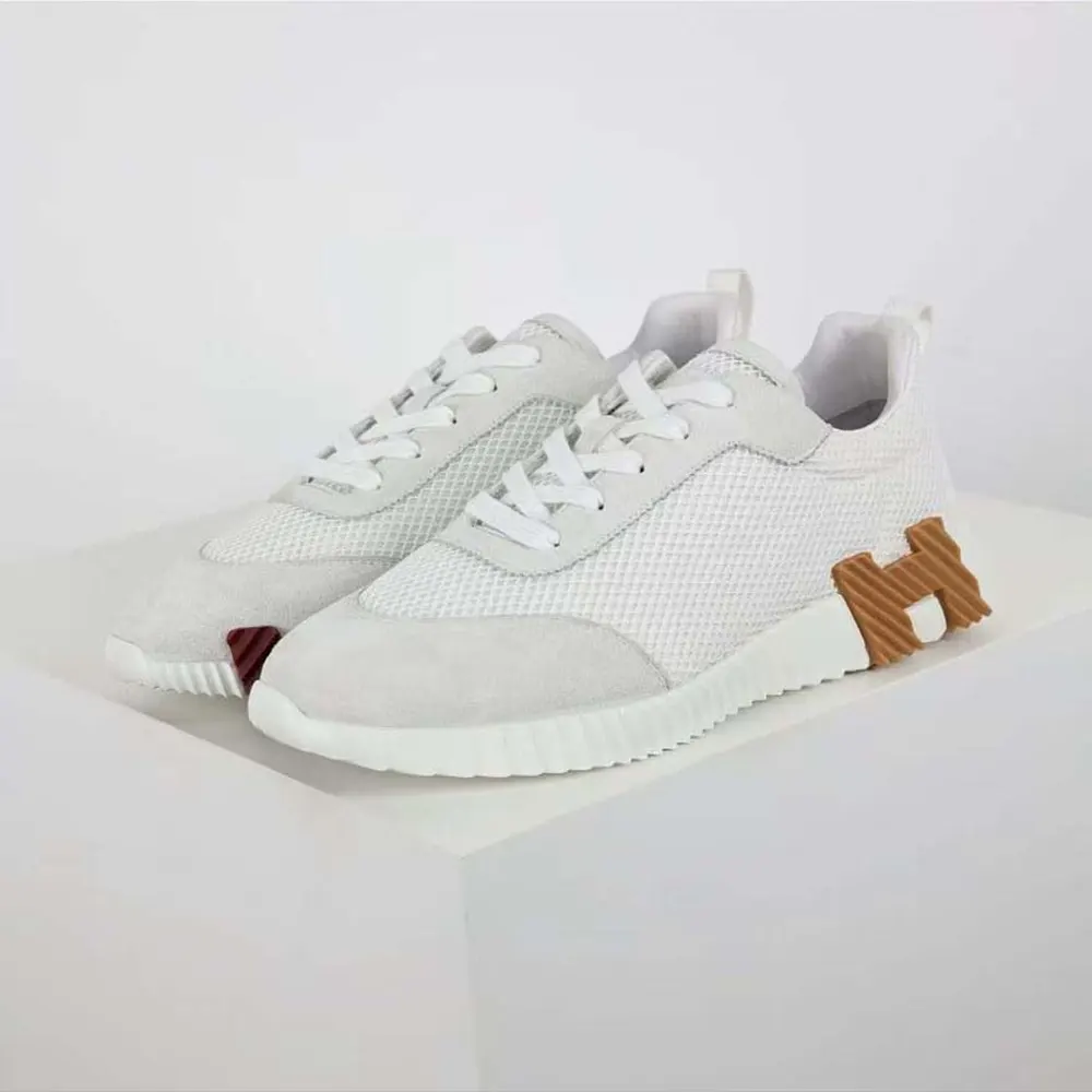 Hermes Unisex Bouncing Sneaker in Graphic Mesh and Suede Goatskin-White - image 6