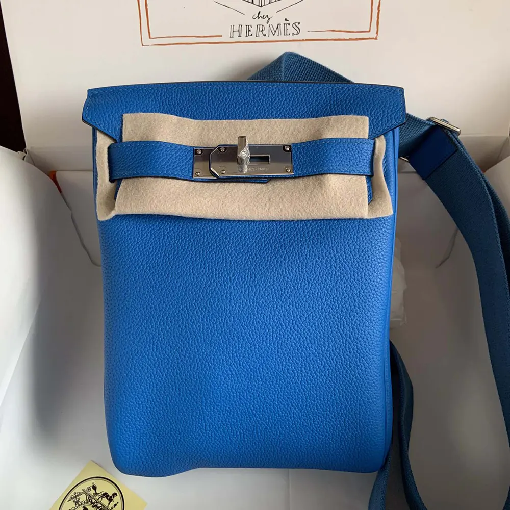 Close-up on polished silver hardware of Hermes Unisex Hac A Dos PM Backpack-Blue