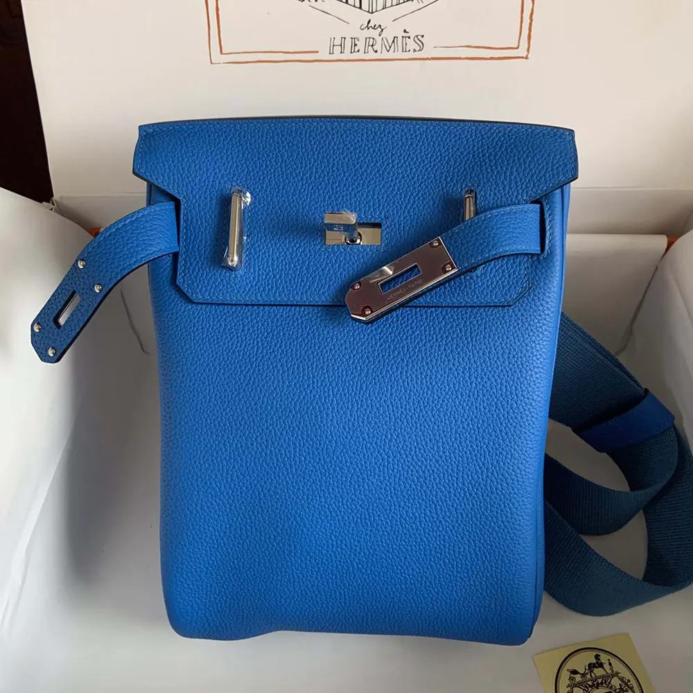 Side angle showing adjustable straps on Hermes Unisex Hac A Dos PM Backpack-Blue