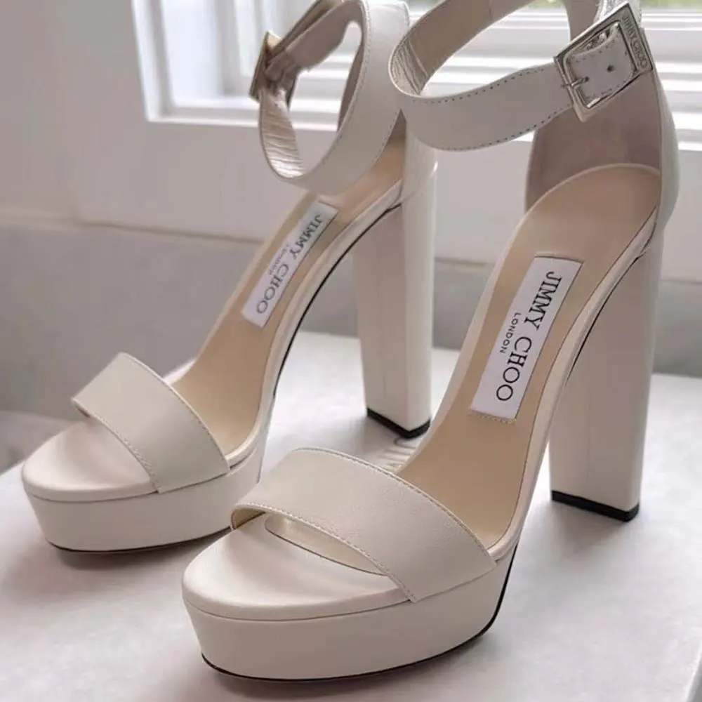 Side profile of Jimmy Choo Women Isra 120 Leather Platform Sandals-White