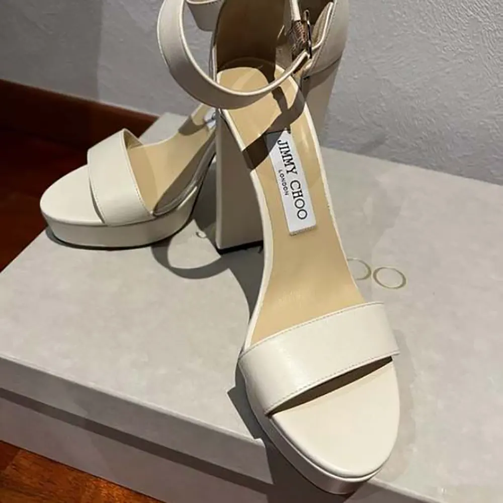 Rear view showing heel height and platform of Jimmy Choo Isra sandals