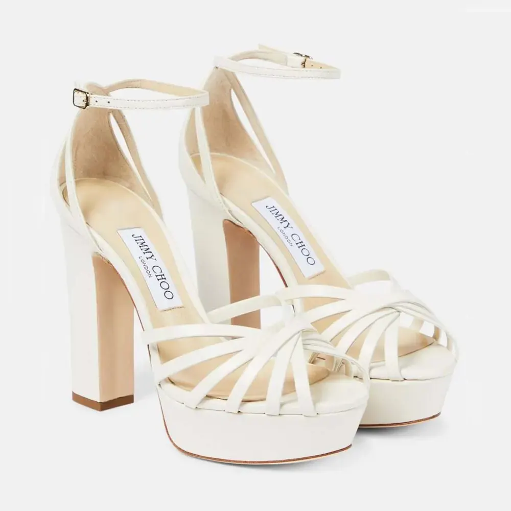 Side view of Jimmy Choo Women Mionne 120 Leather Platform Sandals-White