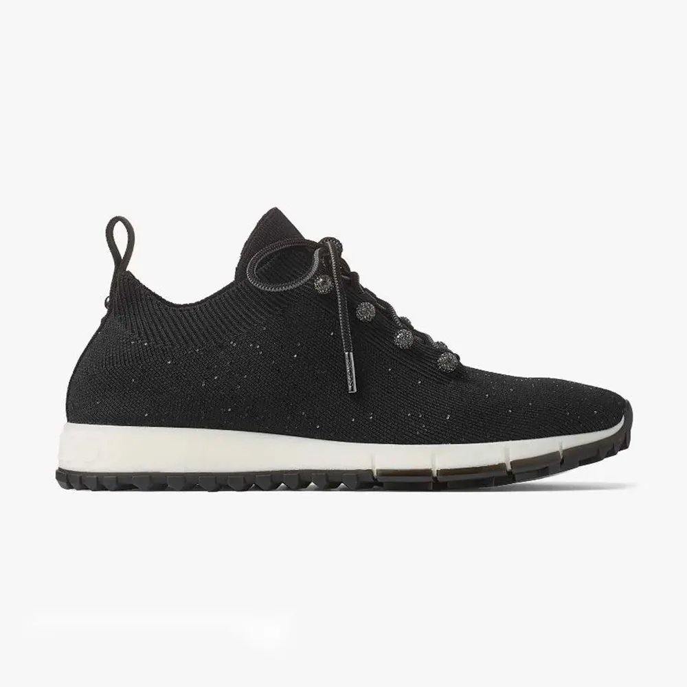 Side view of Jimmy Choo Women Veles Black Sequin Knit Trainers