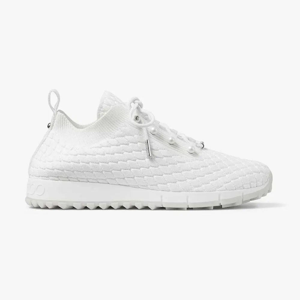 Side angle of Jimmy Choo Women Veles White Textured Knit Trainers