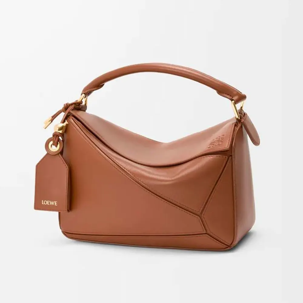 Front angle of Loewe Unisex Small Featherlight Puzzle Bag in brown lambskin