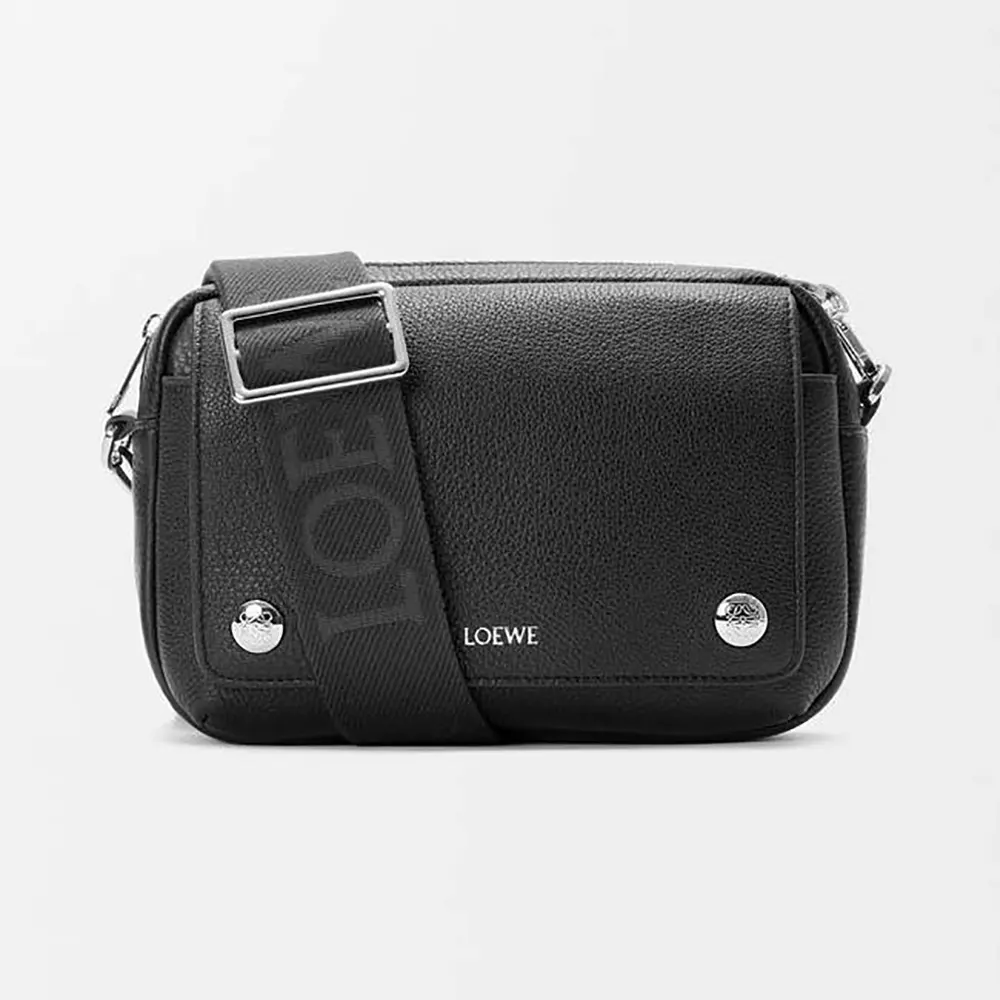 Front view of Loewe Unisex Small Pebble Messenger Bag in black leather