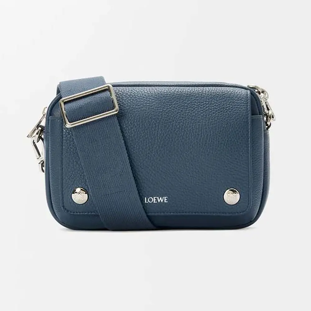 Front view of Loewe Unisex Small Pebble Messenger Bag in navy calfskin