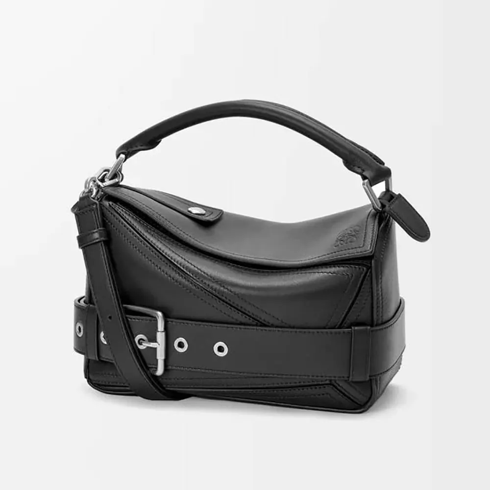 Front view of Loewe Unisex Small Puzzle Biker Bag-Black showing geometric design