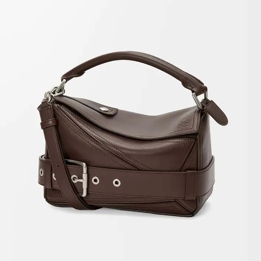 Front angle view of Loewe Unisex Small Puzzle Biker Bag in chocolate calfskin