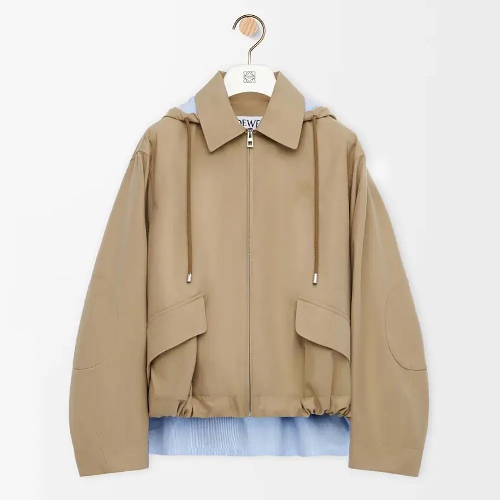 Front view of Loewe Men Hooded Parka in Cotton-Beige with zip closed