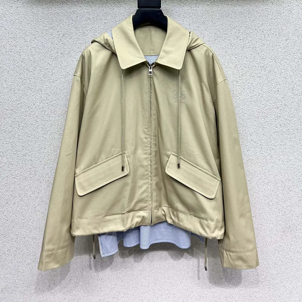 Side profile showing adjustable hood of Loewe Men Hooded Parka in Beige