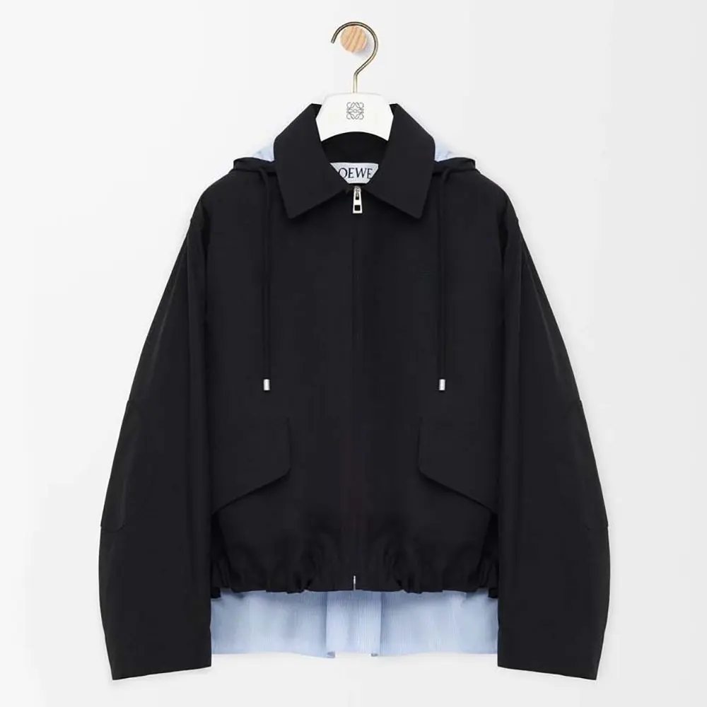 Front view of Loewe Men Hooded Parka in Cotton-Black with hood up
