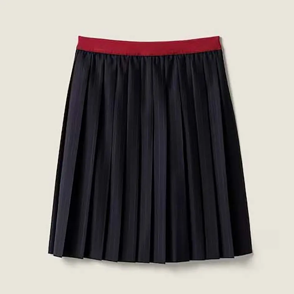 Front view of Miu Miu Women Pleated Pinstripe Midi Skirt in black