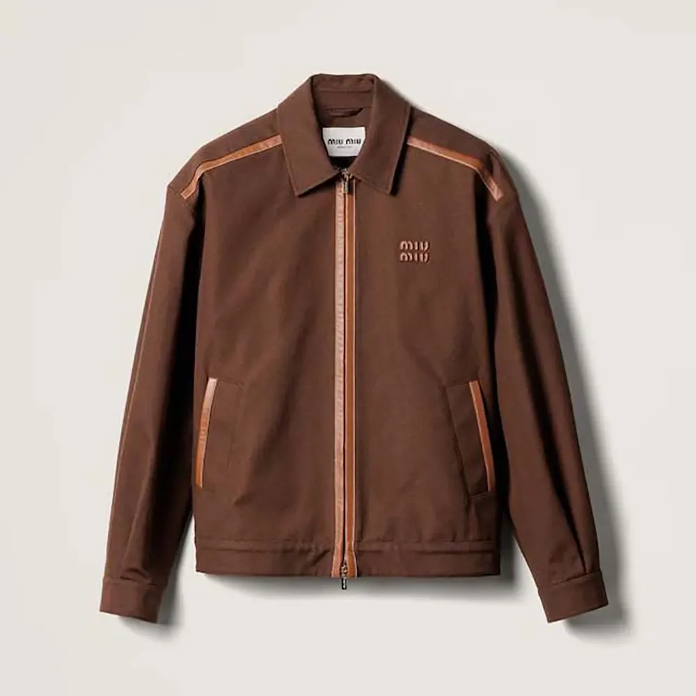Front view of Miu Miu Women Jacquard Canvas Blouson Jacket in brown