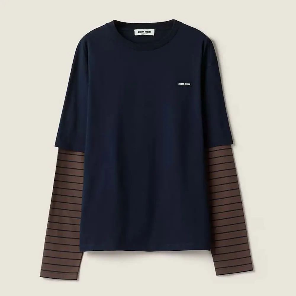 Front view of Miu Miu Women Long-sleeved Jersey T-shirt in black