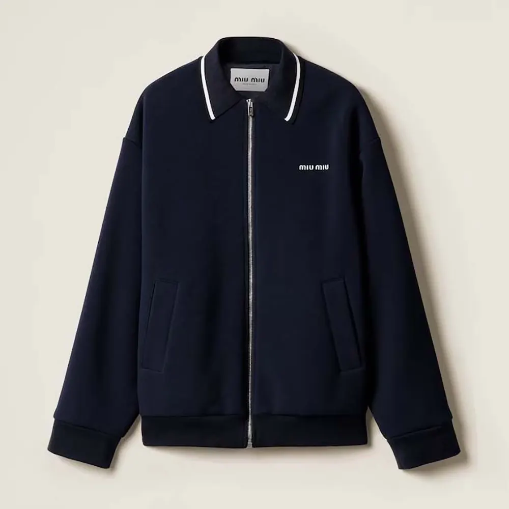 Front view of Miu Miu Bonded Piqué and Technical Jersey Blouson Jacket in black