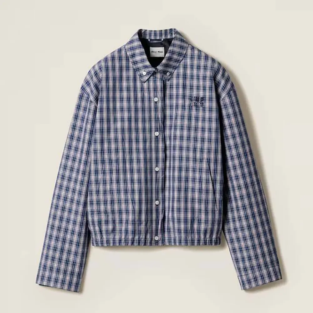 Front view of Miu Miu Women Checked Fabric Blouson Jacket in navy