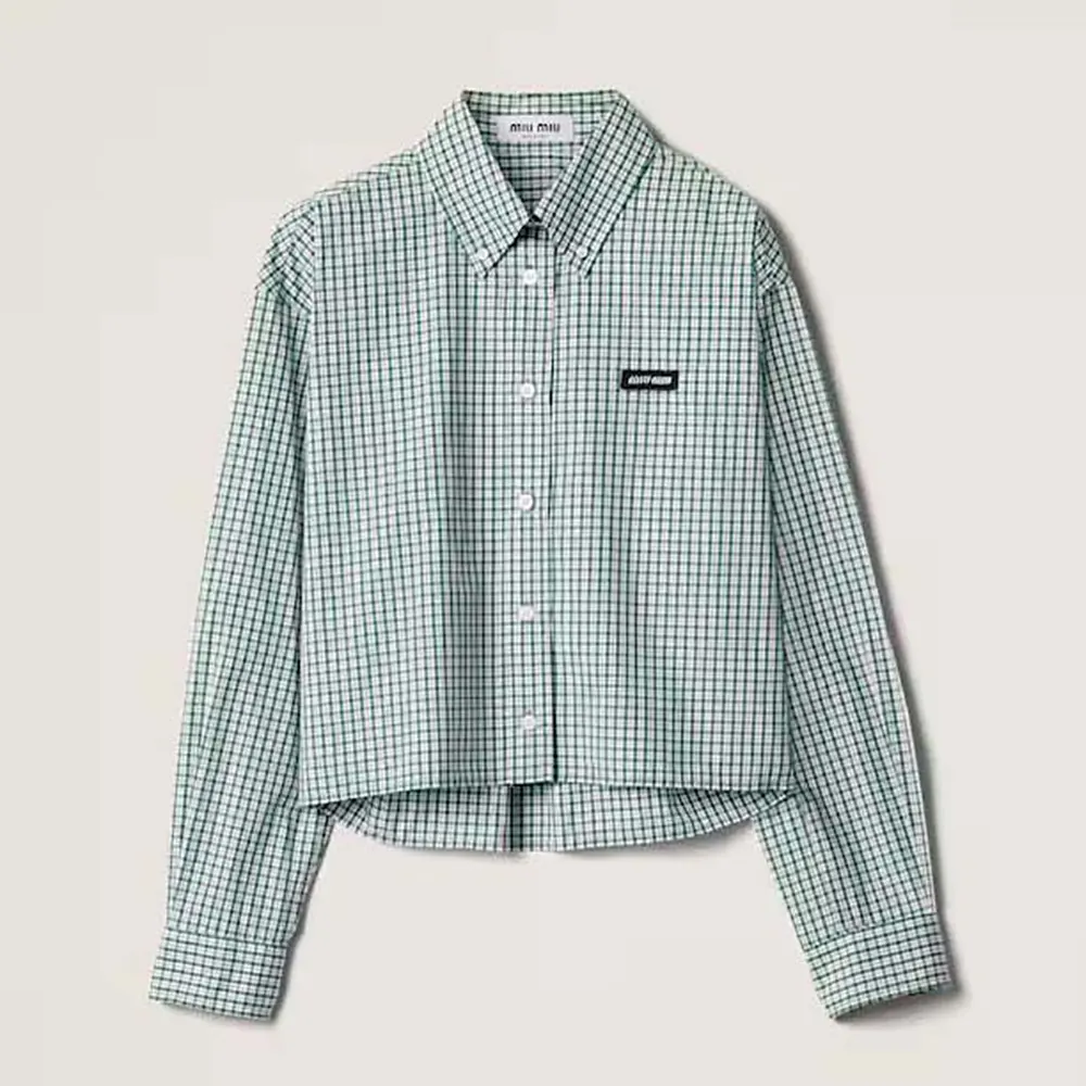 Front view of Miu Miu Women Checked Shirt in green check pattern