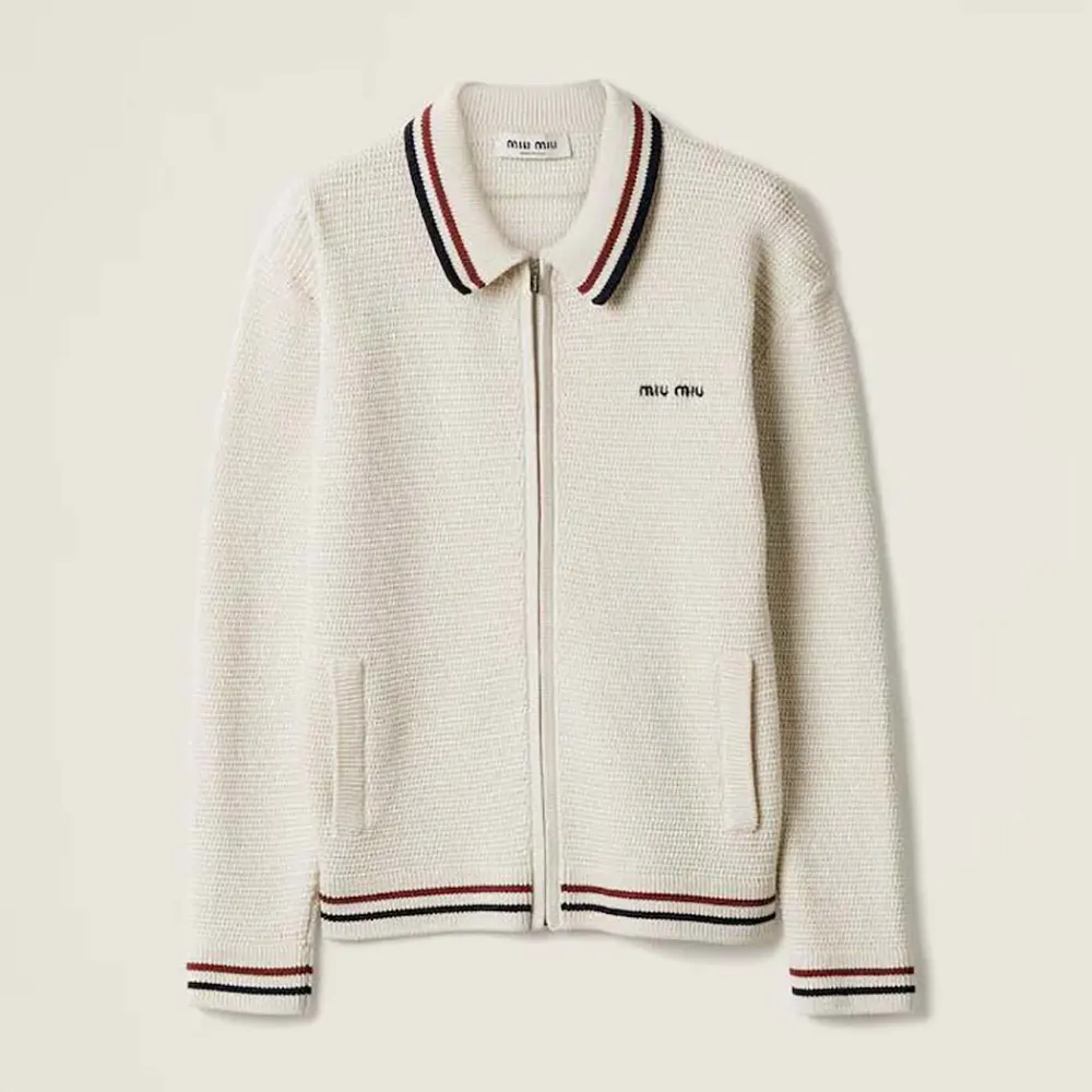 Front view of Miu Miu Women Cotton Knit Zipper Cardigan in white