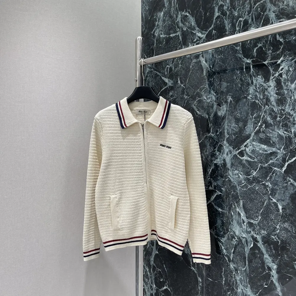 Close-up of zipper and knit texture on Miu Miu Women Cotton Knit Zipper Cardigan