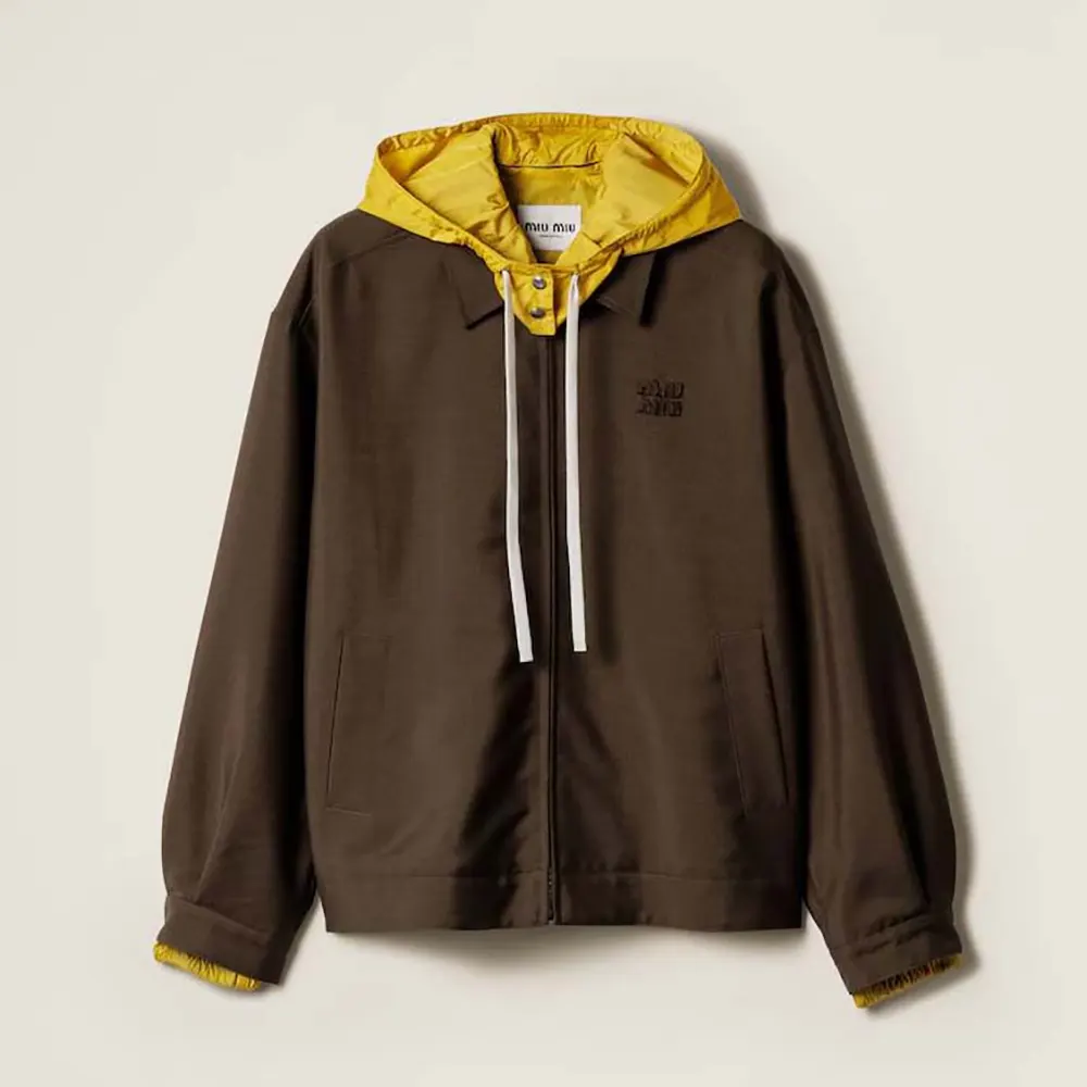 Front view of Miu Miu Women Kid Mohair and Technical Pongé Blouson Jacket in brown