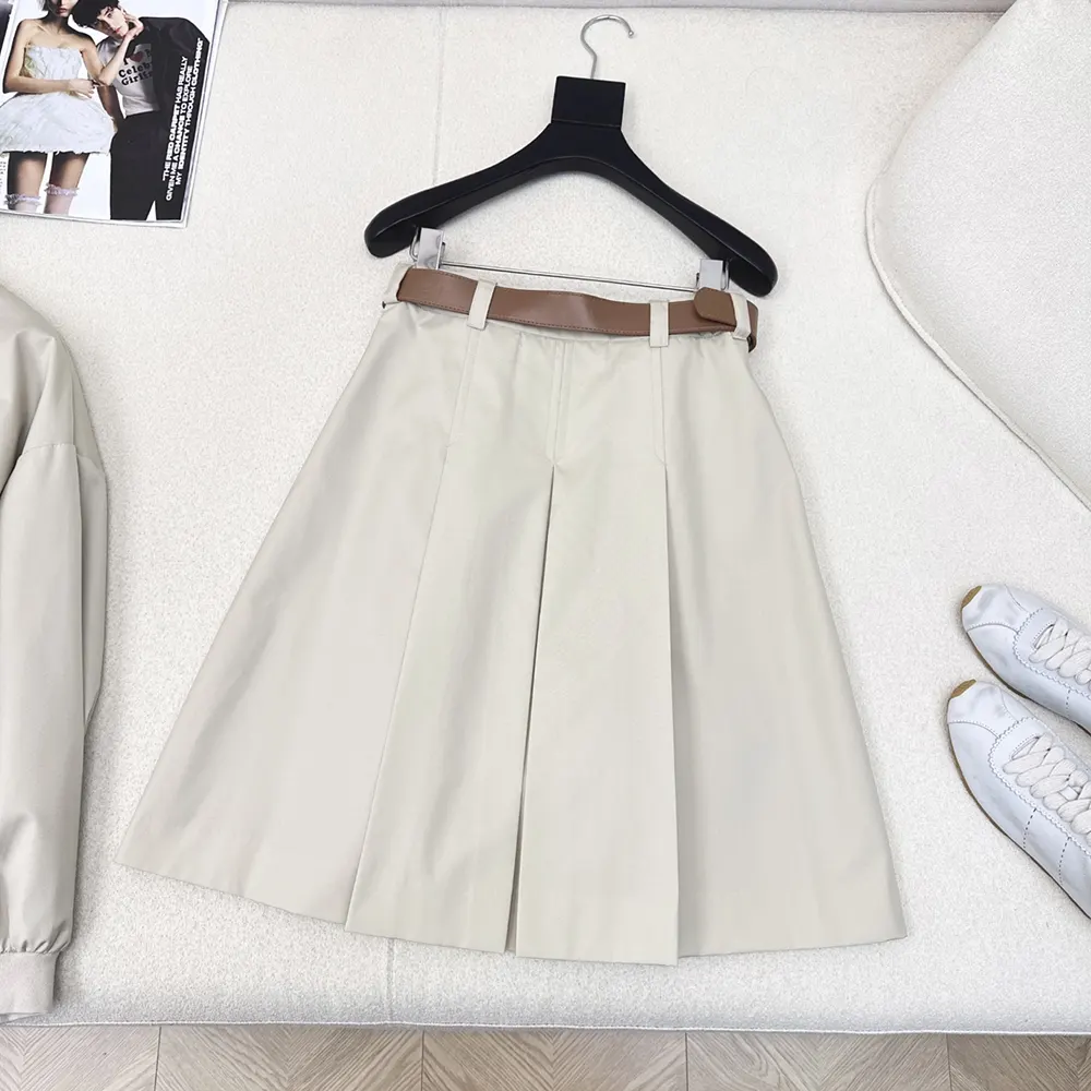 Side angle showing A-line silhouette of Miu Miu Women Panama Cotton Skirt