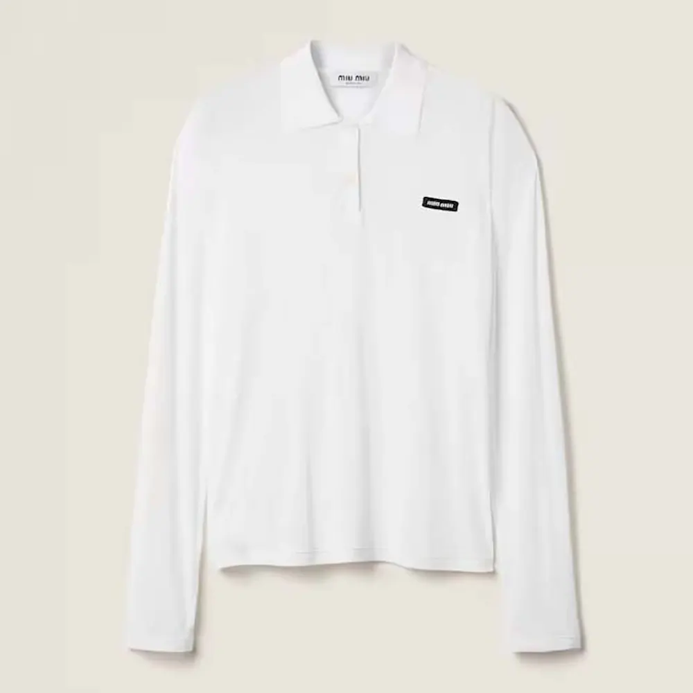 Front view of Miu Miu Women Ribbed Jersey Polo Shirt in white