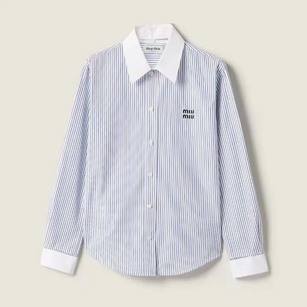 Front view of Miu Miu Women Striped Poplin Shirt in blue stripes