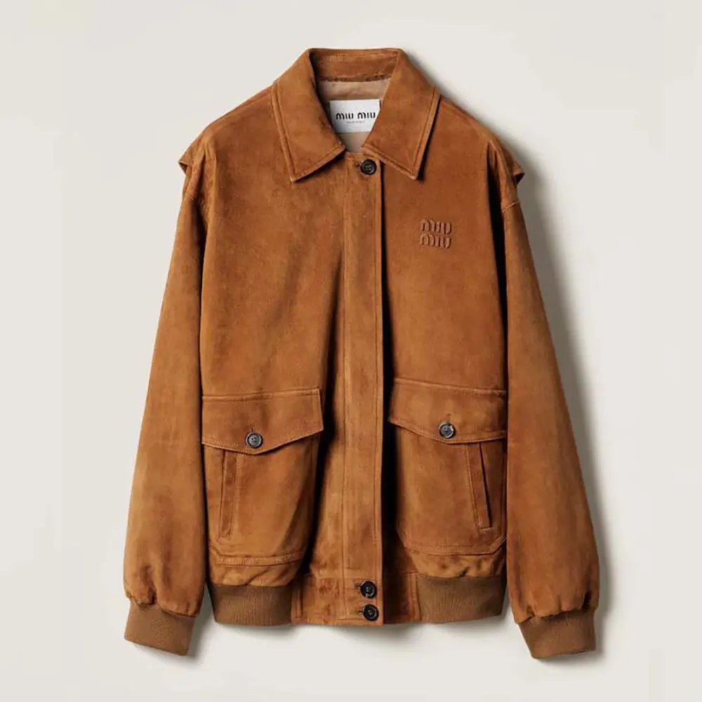 Front view of Miu Miu Women Suede Blouson Jacket in brown