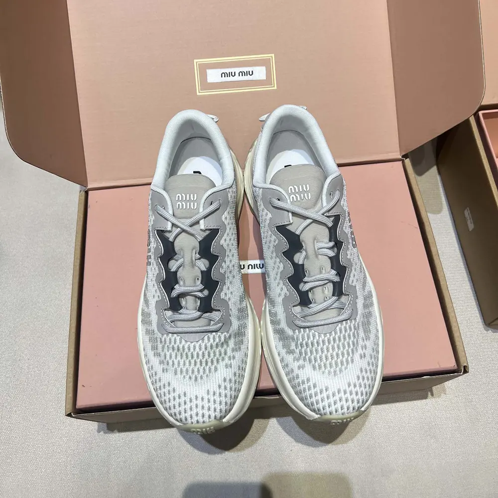Top view of Miu Miu Women Technical Fabric Sneakers-Silver lace-up closure