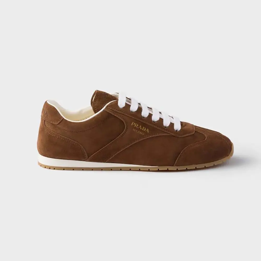 Side view of Prada Unisex Suede Sneakers with Leather Inserts in brown