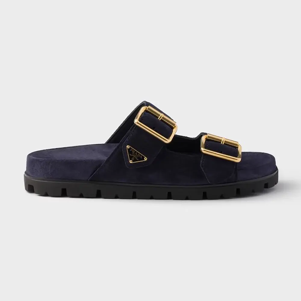 Side view of Prada Unisex Suede Strap Slides with Metal Buckle-Navy