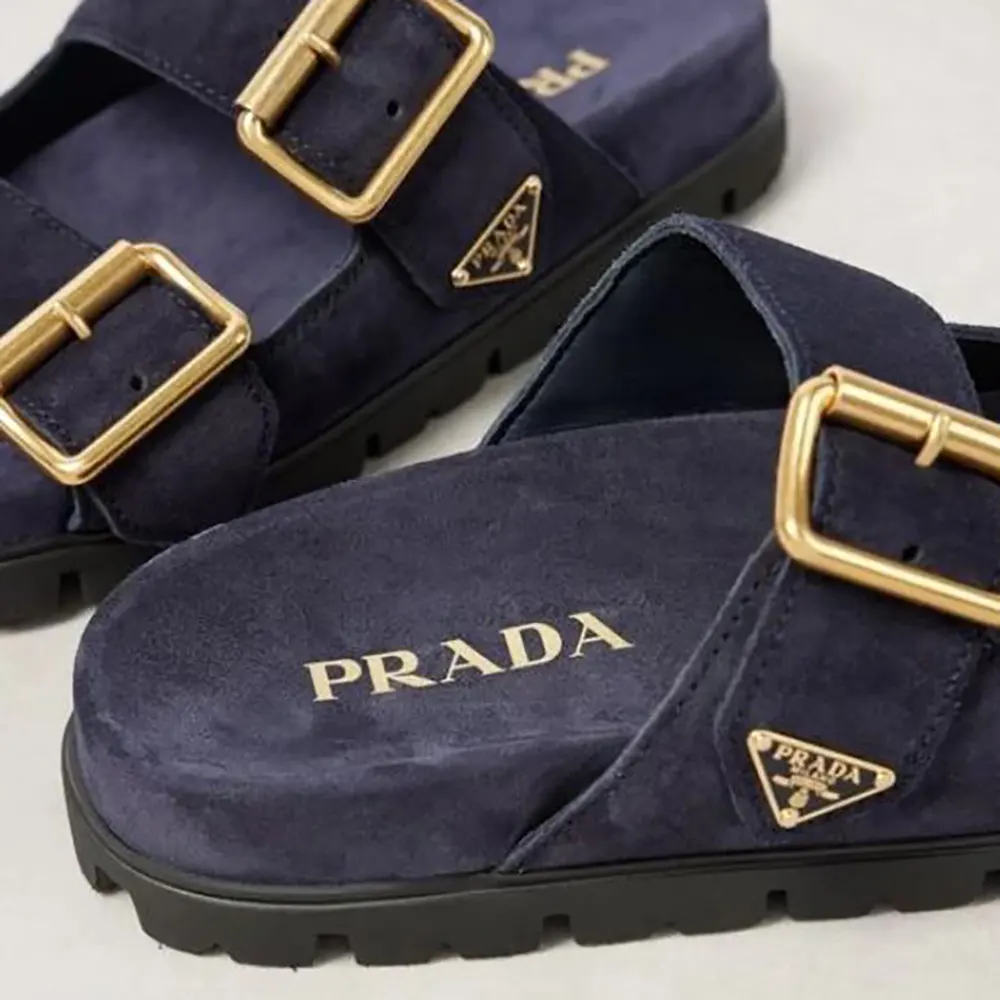 Prada Unisex Suede Strap Slides with Metal Buckle-Navy - image 5