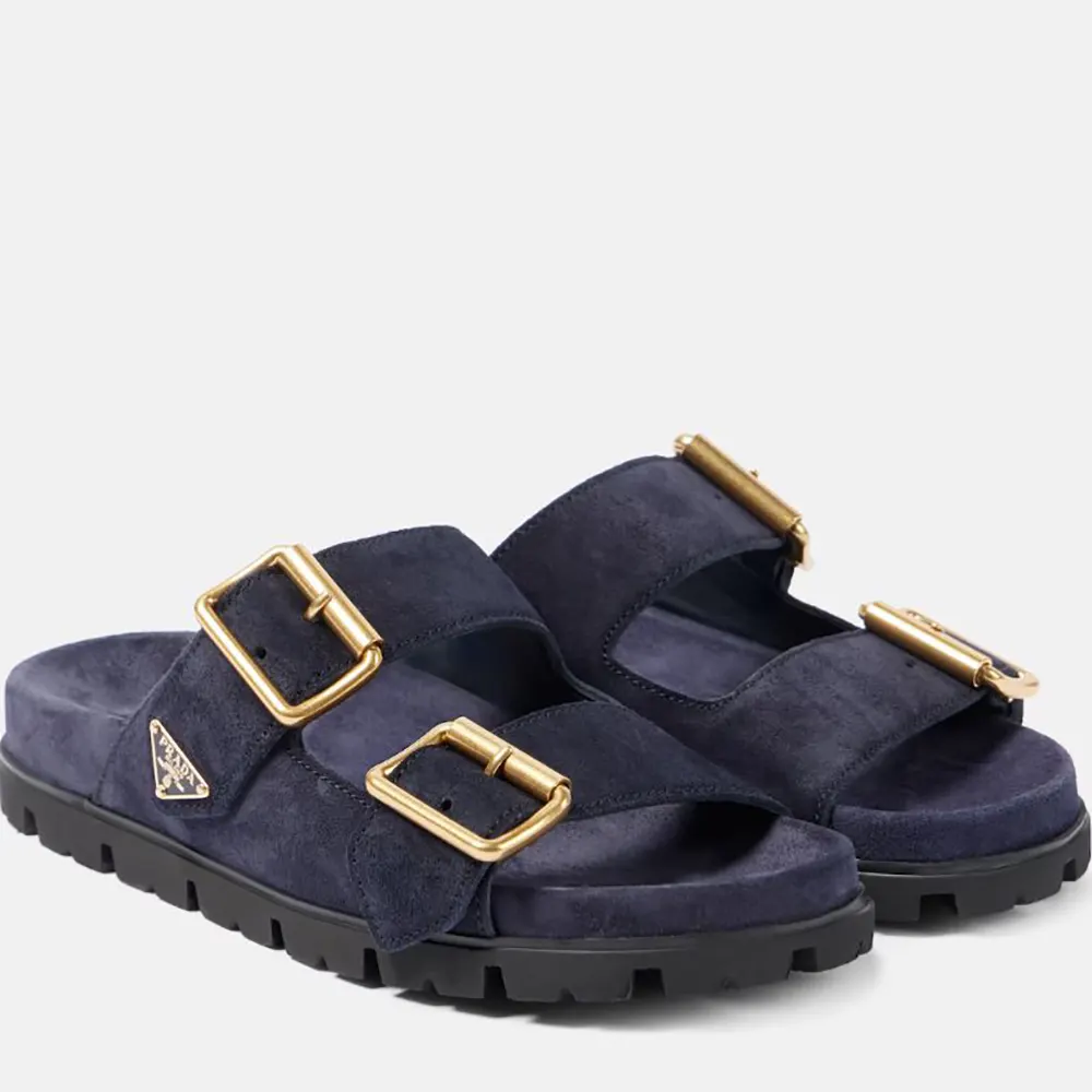 Prada Unisex Suede Strap Slides with Metal Buckle-Navy - image 4
