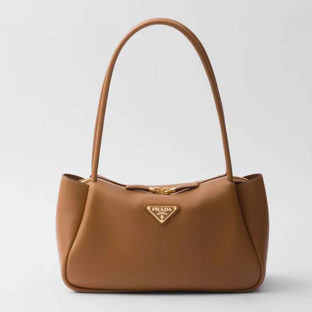 Front view of Prada Women Darling Medium Leather Shoulder Bag-Brown