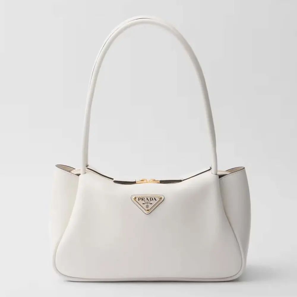 Front view of Prada Women Darling Medium Leather Shoulder Bag-White showcasing logo