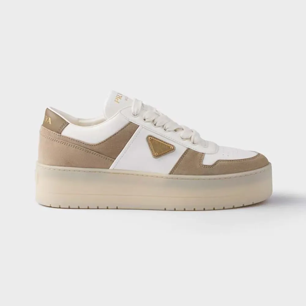 Side profile of Prada Women Downtown Bold Nappa Leather And Suede Sneakers white color