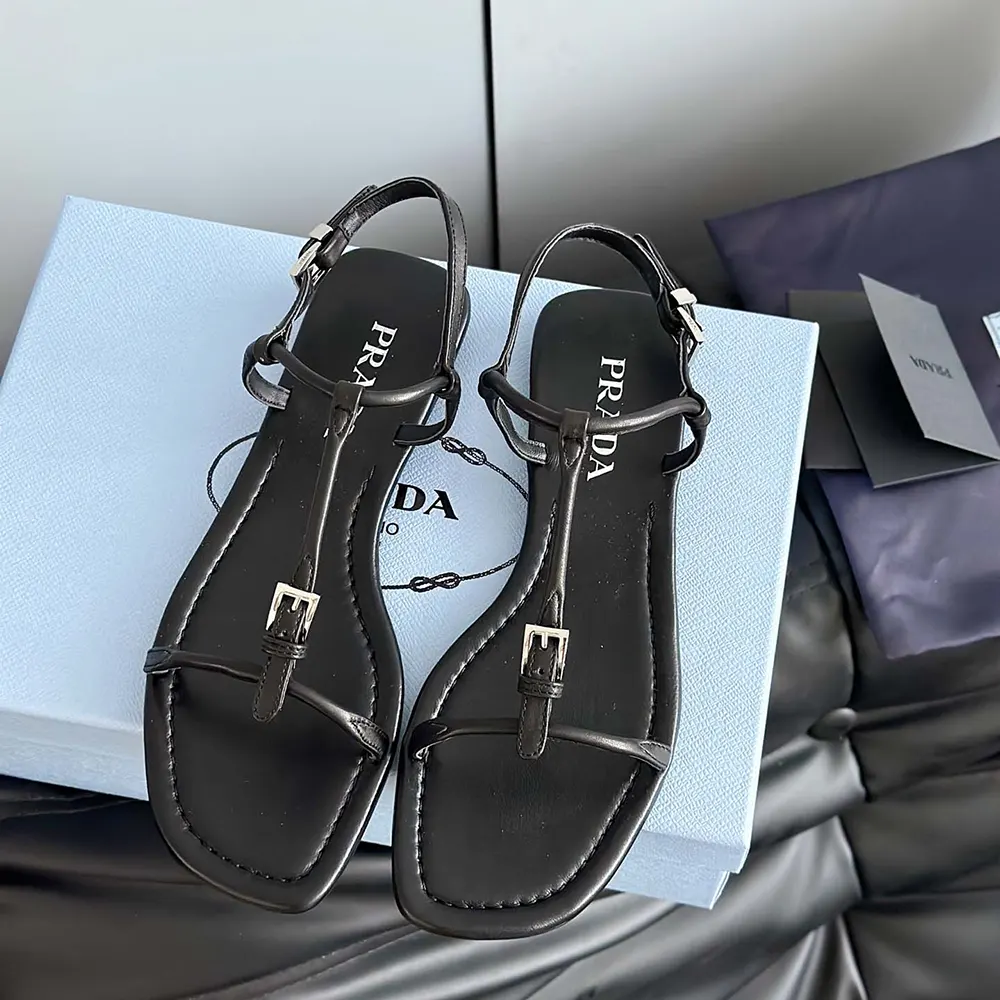Prada Women Flat Leather Sandals-Black - image 5