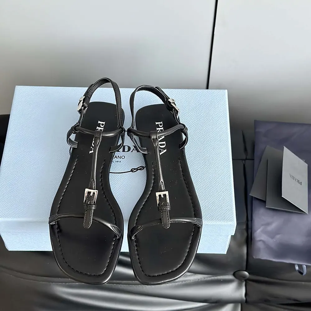 Top view of Prada Women Flat Leather Sandals-Black slip-on style