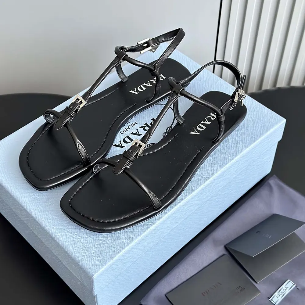 Prada Women Flat Leather Sandals-Black - image 4